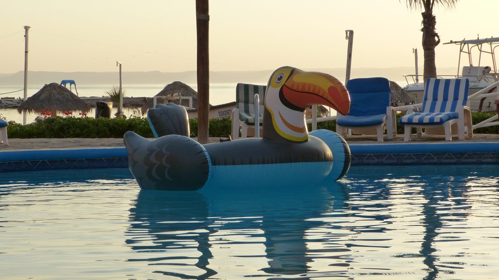 Flotador inflable de Tucán flotando en Alberca de Club Hotel Cantamar, La Paz, Baja California Sur